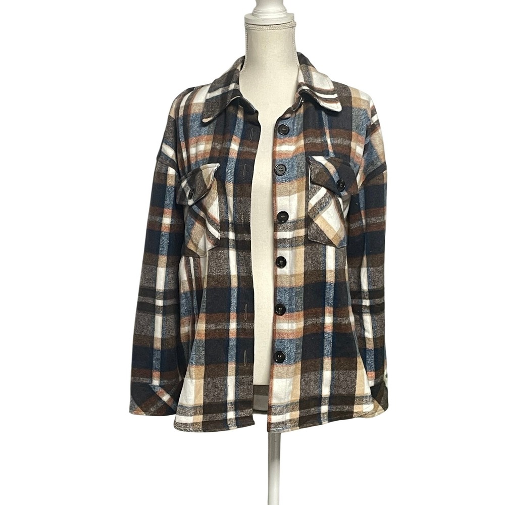 E &‎ M Blue Brown Plaid Shacket Women's Medium